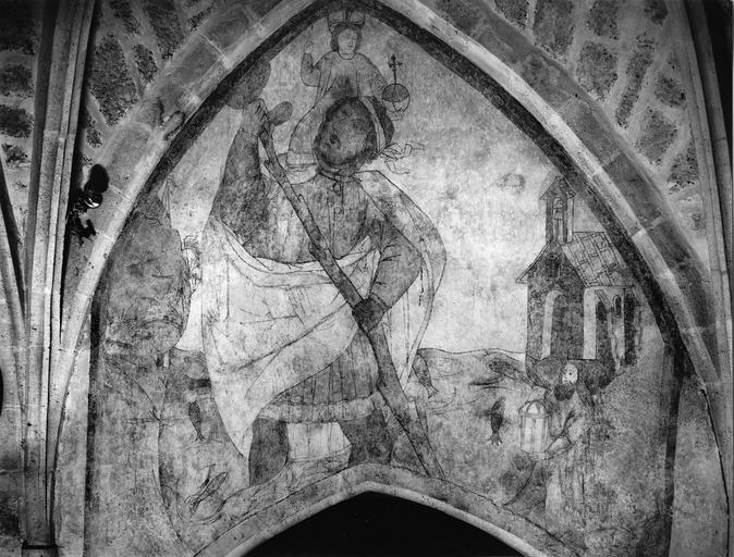 peinture murale : tympan nord, Saint Christophe, 1ère moitié 16e siècle, après restauration