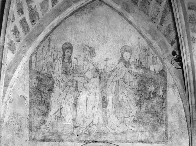 peinture murale : tympan sud, La Visitation et saint Jean-Baptiste, 1ère moitié 16e siècle, après restauration