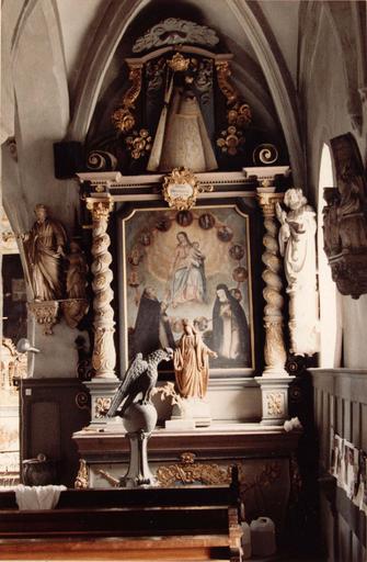 autel et retable latéral sud, statue : Notre-Dame des Ermites, tableau : Le Rosaire, 18e siècle