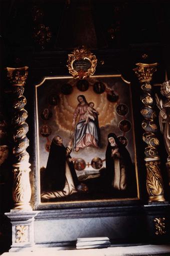 tableau du retable latéral sud : Le Rosaire, après restauration, 1988, huile sur toile