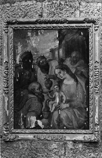 tableau (panneau peint) : L'Adoration des Mages et son cadre, début 17e siècle