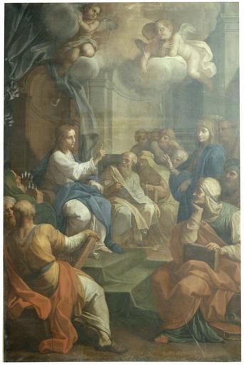 tableau : Jésus au milieu des Docteurs, huile sur toile, par Placido Costanzi, pour l'abbaye des Dames de Baume-les-Dames, 1759, avant restauration - © Ministère de la Culture (France), Médiathèque du patrimoine et de la photographie (objets mobiliers), tous droits réservés