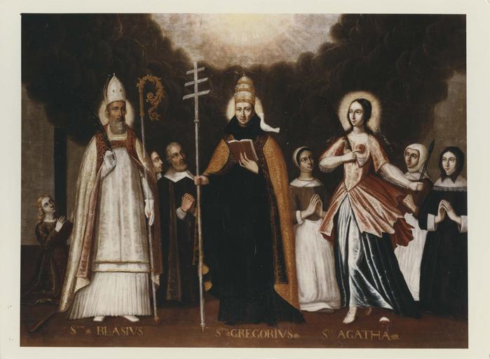 tableau : Saint Blaise, saint Grégoire, sainte Agathe, donateurs et donatrices, après restauration