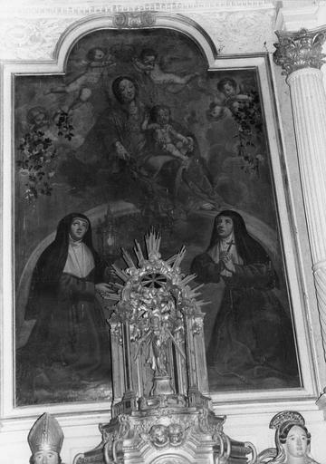 tableau : la Vierge à l'Enfant entre sainte Claire et sainte Colette, huile sur toile du retable latéral sud, fin 17e début 18e siècle, avant restauration
