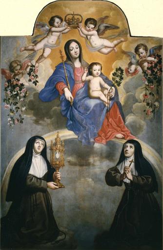 tableau : la Vierge à l'Enfant entre sainte Claire et sainte Colette, huile sur toile du retable latéral sud, fin 17e début 18e siècle, après restauration