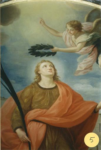 tableau : L'Apothéose de saint Guy, huile sur toile, 18e siècle, détail du saint et de l'ange, après restauration