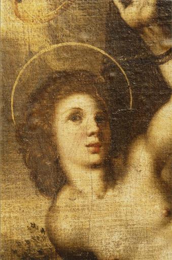 tableau : Saint Sébastien, huile sur toile, 17e siècle, détail du visage auréolé du saint