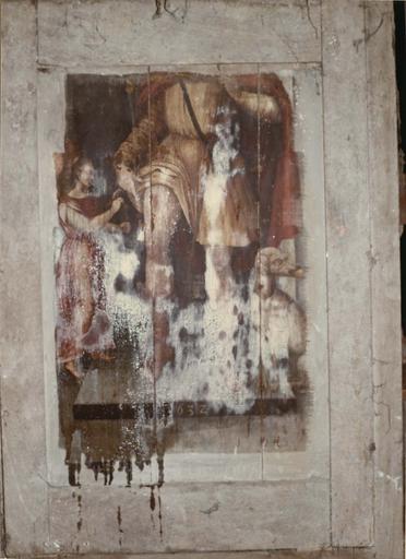 revers du tableau (panneau peint) de L'Adoration des Mages avec une scène avec saint Roch (bas du personnage)