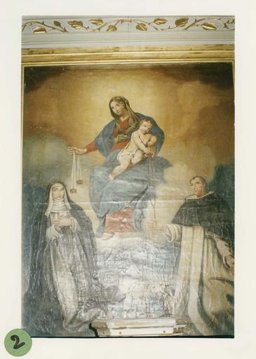 tableau du retable latéral nord : Don du chapelet et du scapulaire, en cours de restauration,