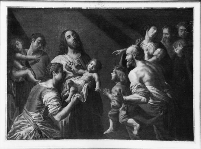 tableau : Jésus au milieu des petits enfants, huile sur toile, 18e ou 19e siècle