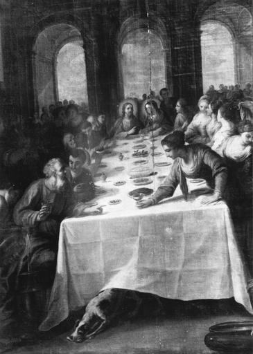 tableau : Les Noces de Cana, huile sur toile, 17e siècle ?; détail de la scène centrale