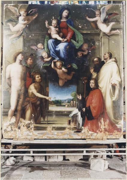 tableau (panneau peint) : La Vierge aux saints, vue générale