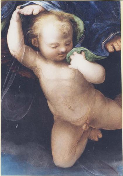 tableau (panneau peint) : La Vierge aux saints, détail