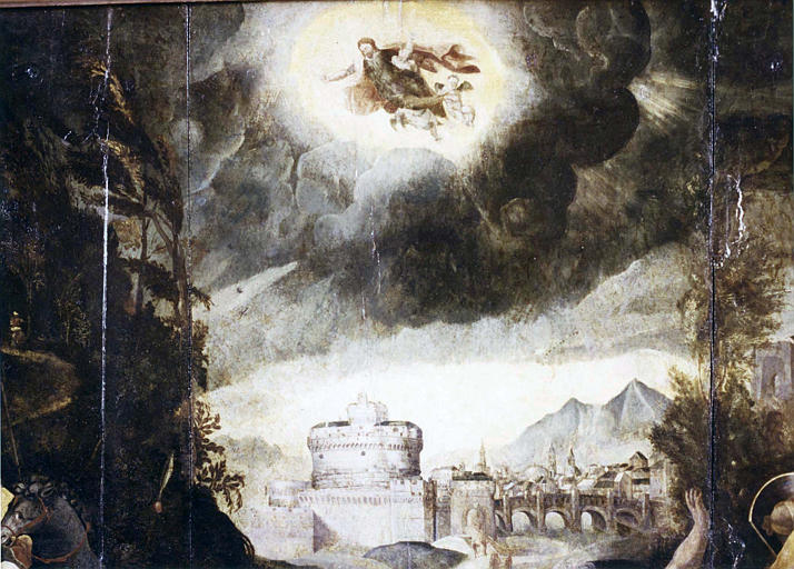 Tableau : 'La conversion de saint Paul', détail du Christ porté par des anges au-dessus de damas, huile sur bois