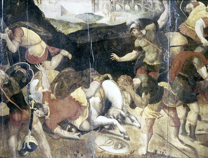 Tableau : 'La conversion de saint Paul', détail de saint Paul et de son cheval au sol, huile sur bois