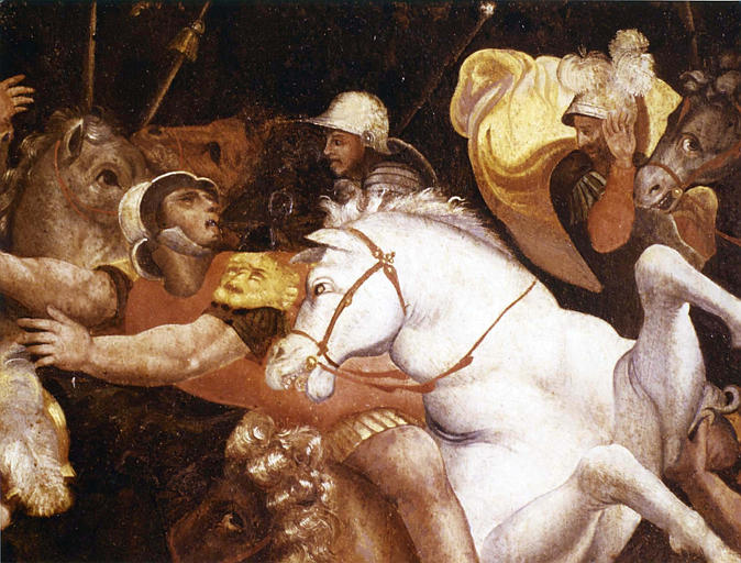 Tableau : 'La conversion de saint Paul', détail d'un soldat sur un cheval cabré, huile sur bois