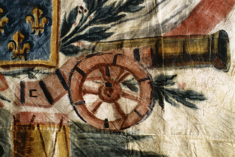 Drapeau révolutionnaire en soie peinte, détail d'un canon - © Ministère de la Culture (France), Médiathèque du patrimoine et de la photographie (objets mobiliers), tous droits réservés