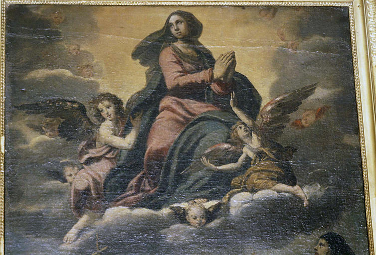 Tableau : 'L'Assomption', détail de la Vierge enlevée par des anges, huile sur toile