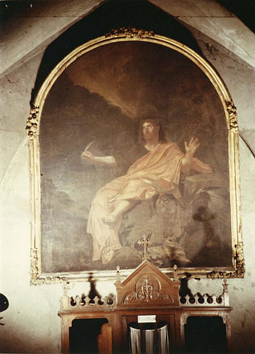 Tableau, cadre : 'Saint jean à Patmos', huile sur toile cintrée dans un cadre en bois sculpté de groupes de fleurs, doré