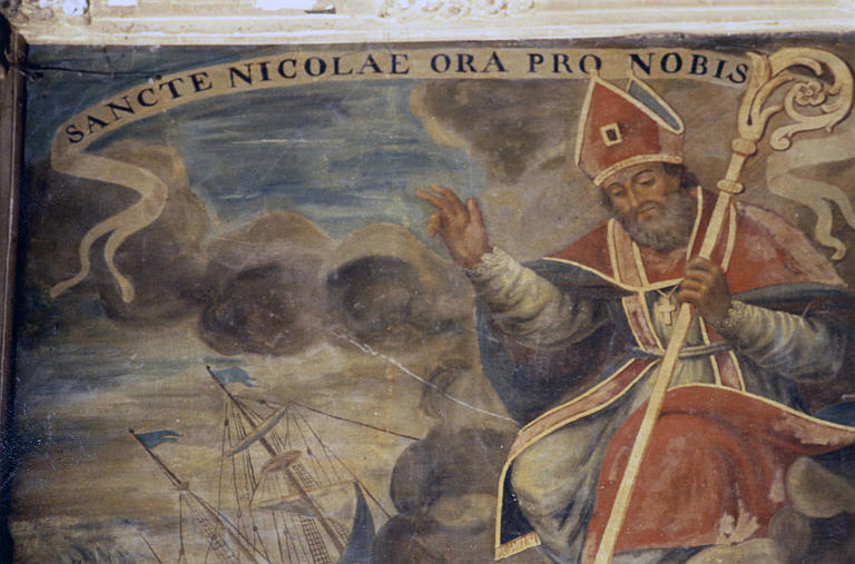 Tableau : 'Saint Nicolas et les trois enfants', détail de saint Nicolas, huile sur toile