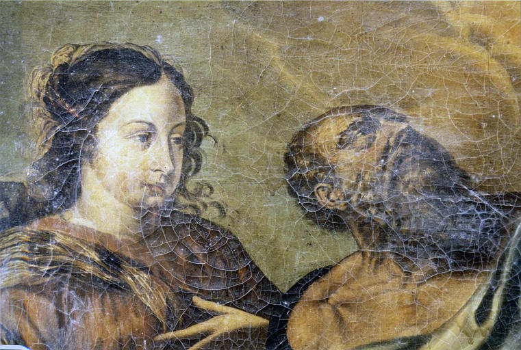 Tableau : 'La tentation de saint Antoine', détail du visage du saint et d'une femme, huile sur toile
