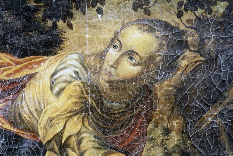 Tableau : 'La tentation de saint Antoine', détail du visage d'un personnage féminin, huile sur toile