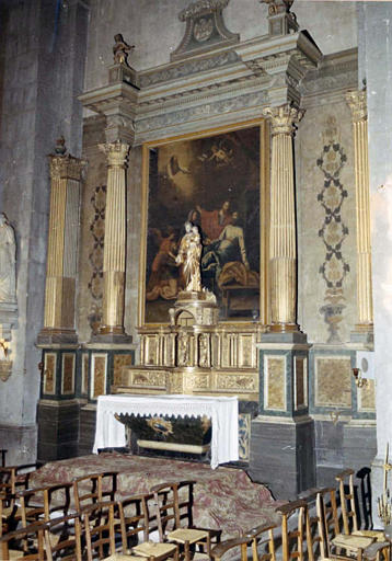 Retable, tableau : 'La résurrection de Lazare', retable architecturé en bois sculpté, peint et doré