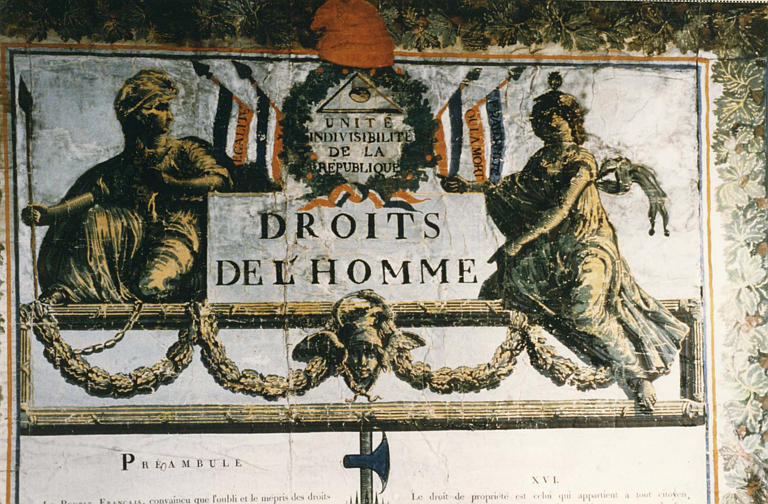 Affiche : Déclaration des droits de l'Homme, détail du frontispice, papier imprimé marouflé sur toile et papier peint rapporté, bois
