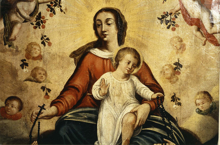 Tableau : 'La donation du Rosaire', détail de la Vierge et de l'Enfant, huile sur toile - © Ministère de la Culture (France), Médiathèque du patrimoine et de la photographie (objets mobiliers), tous droits réservés