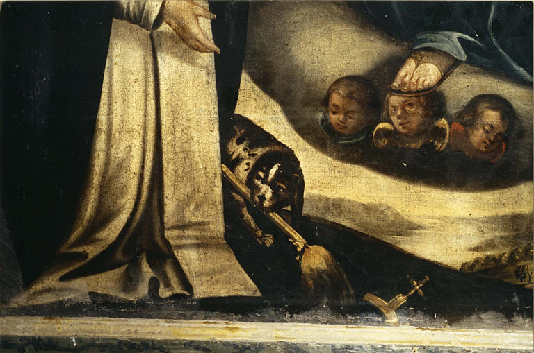 Tableau : 'La donation du Rosaire', détail du chien tenant un flambeau, aux pieds de saint Dominique, huile sur toile - © Ministère de la Culture (France), Médiathèque du patrimoine et de la photographie (objets mobiliers), tous droits réservés