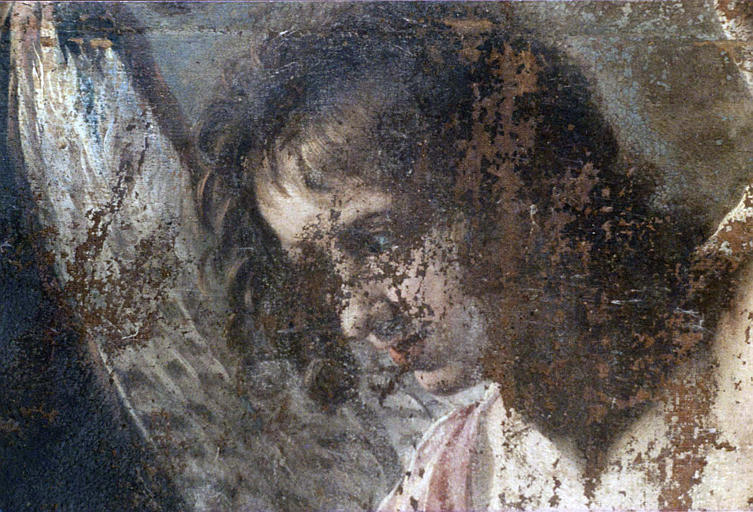 Tableau : 'Agar et l'ange', détail du visage de l'ange, huile sur toile