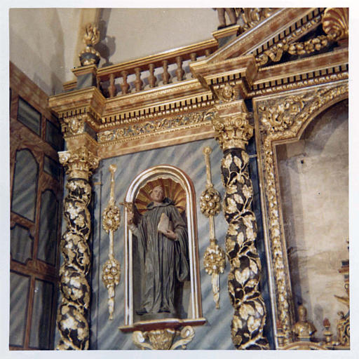 Retable, statue : 'Saint Benoît', bois sculpté, peint, doré
