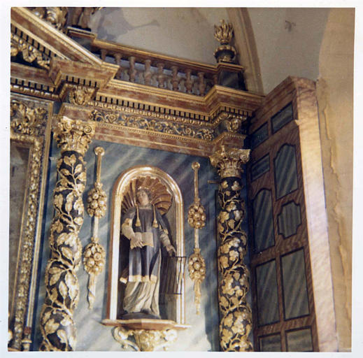 Retable, statue : 'Saint Laurent', bois sculpté, peint, doré