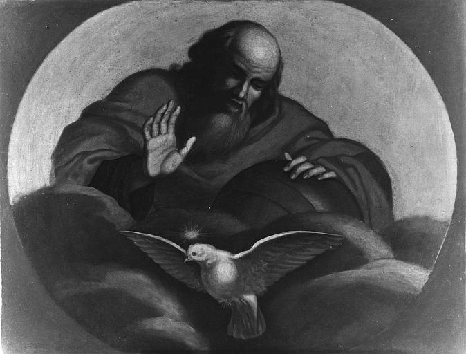 Tableau : 'Dieu le Père et la colombe du Saint Esprit', élément d'un retable, huile sur toile