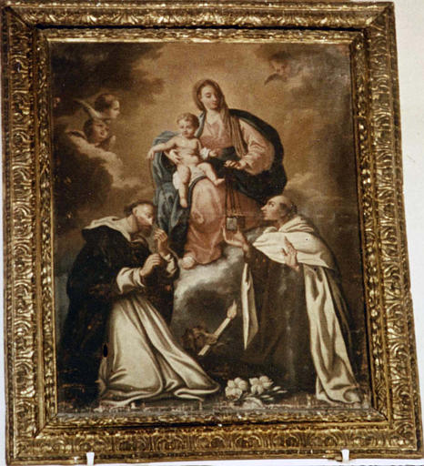 Tableau : 'Vierge à l'Enfant avec saint Dominique et saint Simon Stock', la Vierge tend le scapulaire à saint Simon Stock et l'Enfant tend le rosaire à saint Dominique, huile sur toile - © Ministère de la Culture (France), Médiathèque du patrimoine et de la photographie (objets mobiliers), tous droits réservés