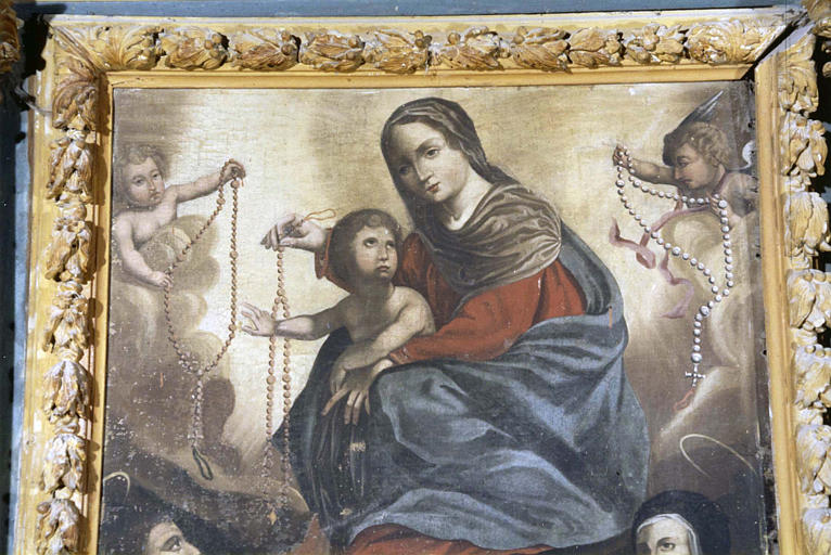 Tableau : 'L'institution du Rosaire', détail de la Vierge et de l'Enfant, huile sur toile