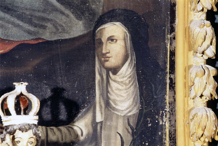 Tableau : 'L'institution du Rosaire', détail du visage de sainte Catherine de Sienne, huile sur toile