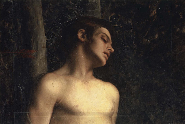 Tableau : 'Le Martyre de saint Sébastien', détail du visage du saint, huile sur toile