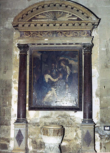 Retable, tableau : 'Le Christ et la Samaritaine', huile sur toile, retable architecturé à grand fronton cintré, bois sculpté, stuc - © Ministère de la Culture (France), Médiathèque du patrimoine et de la photographie (objets mobiliers), tous droits réservés
