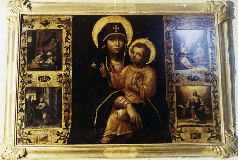 Tableau : 'Vierge à l'Enfant', et 4 scènes de la vie de la Vierge, sa naissance, l'Annonciation, la Visitation et l'Assomption, huile sur toile - © Ministère de la Culture (France), Médiathèque du patrimoine et de la photographie (objets mobiliers), tous droits réservés