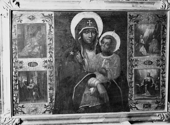 Tableau : 'Vierge à l'Enfant', et 4 scènes de la vie de la Vierge, sa naissance, l'Annonciation, la Visitation et l'Assomption, huile sur toile
