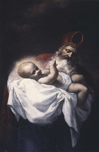 Tableau : 'La Présentation au Temple', détail de Siméon portant l'Enfant, huile sur toile