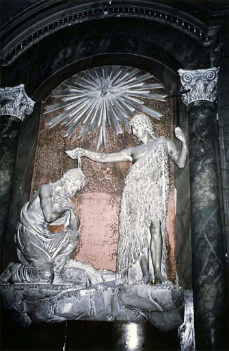 Haut-relief : 'Le Baptême du Christ', plâtre et brique
