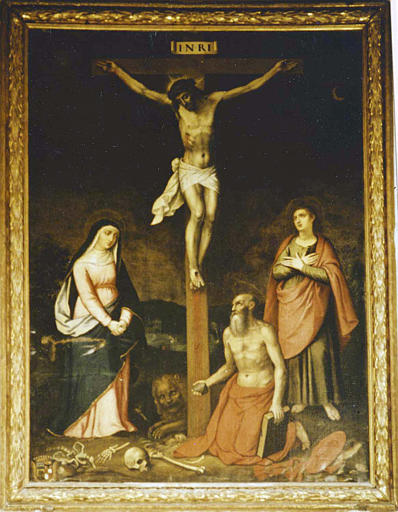 Tableau : 'La crucifixion avec la Vierge, saint Jean et saint Jérôme', huile sur toile