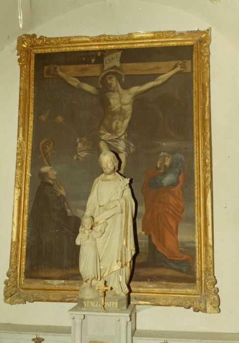 Tableau et son cadre : Christ en croix avec la Vierge et saint Mayeul