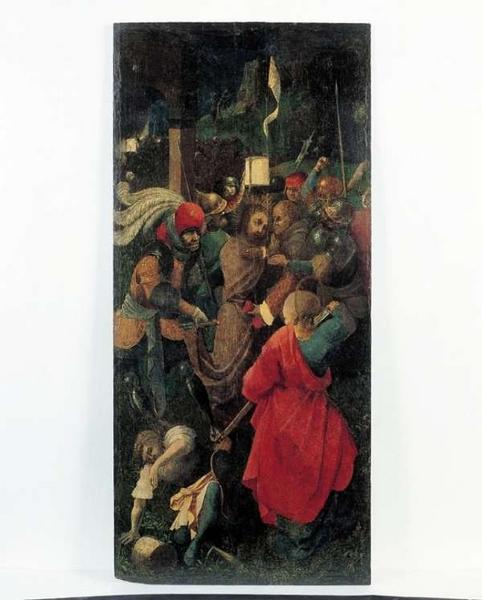 4 panneaux peints, volets d'un polyptyque de la Passion. Volet gauche, côté intérieur : le baiser de Judas.