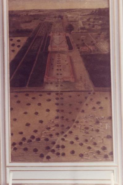 tableau : vue perspective du château et du parc d'Heudicourt, vue générale