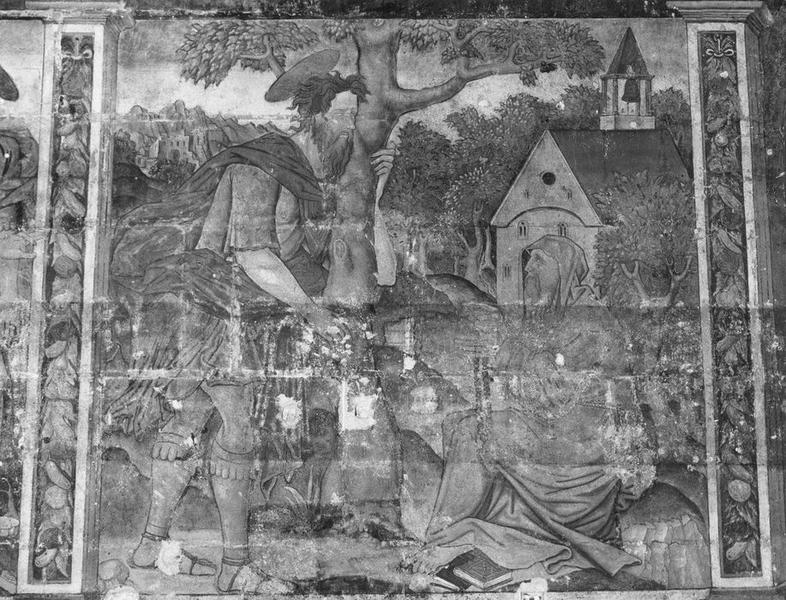 peintures monumentales de la nef : scènes de la vie de saint Christophe, vue partielle