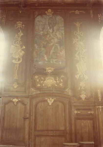 lambris de revêtement, maître-autel, autels secondaires, leurs retables, tableaux et statues, vue générale