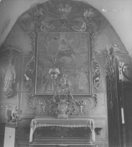 Décor du choeur : lambris, maître-autel, retable, tableau : la Vierge aux Adorateurs, poutre de gloire (tref) et clôture